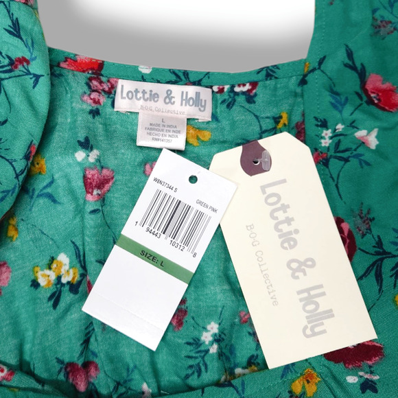 NWT Lottie & Holly Floral Mini Dress L 12 Green Pink Flutter Sleeve Cottagecore - Picture 4 of 7